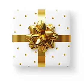 Gift with white wrapping paper and gold bow