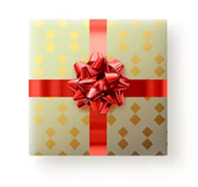 Gift with gold wrapping paper and red bow