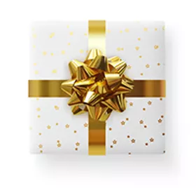 Gift with white wrapping paper and gold bow